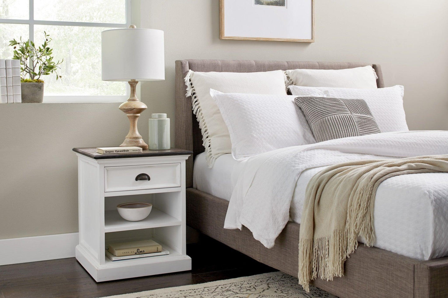 Distressed White and Deep Brown Nightstand With Shelves - AFS