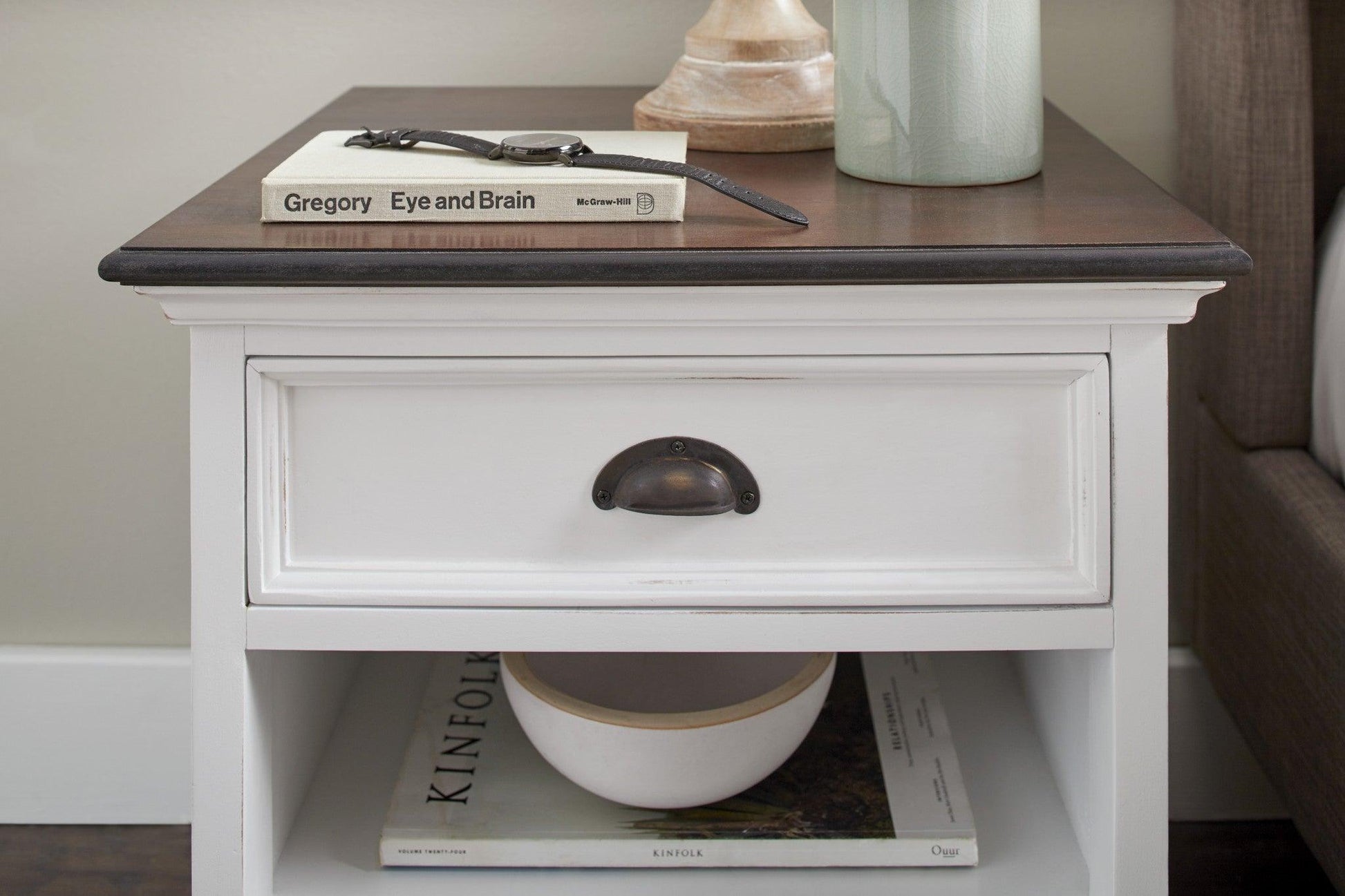 Distressed White and Deep Brown Nightstand With Shelves - AFS