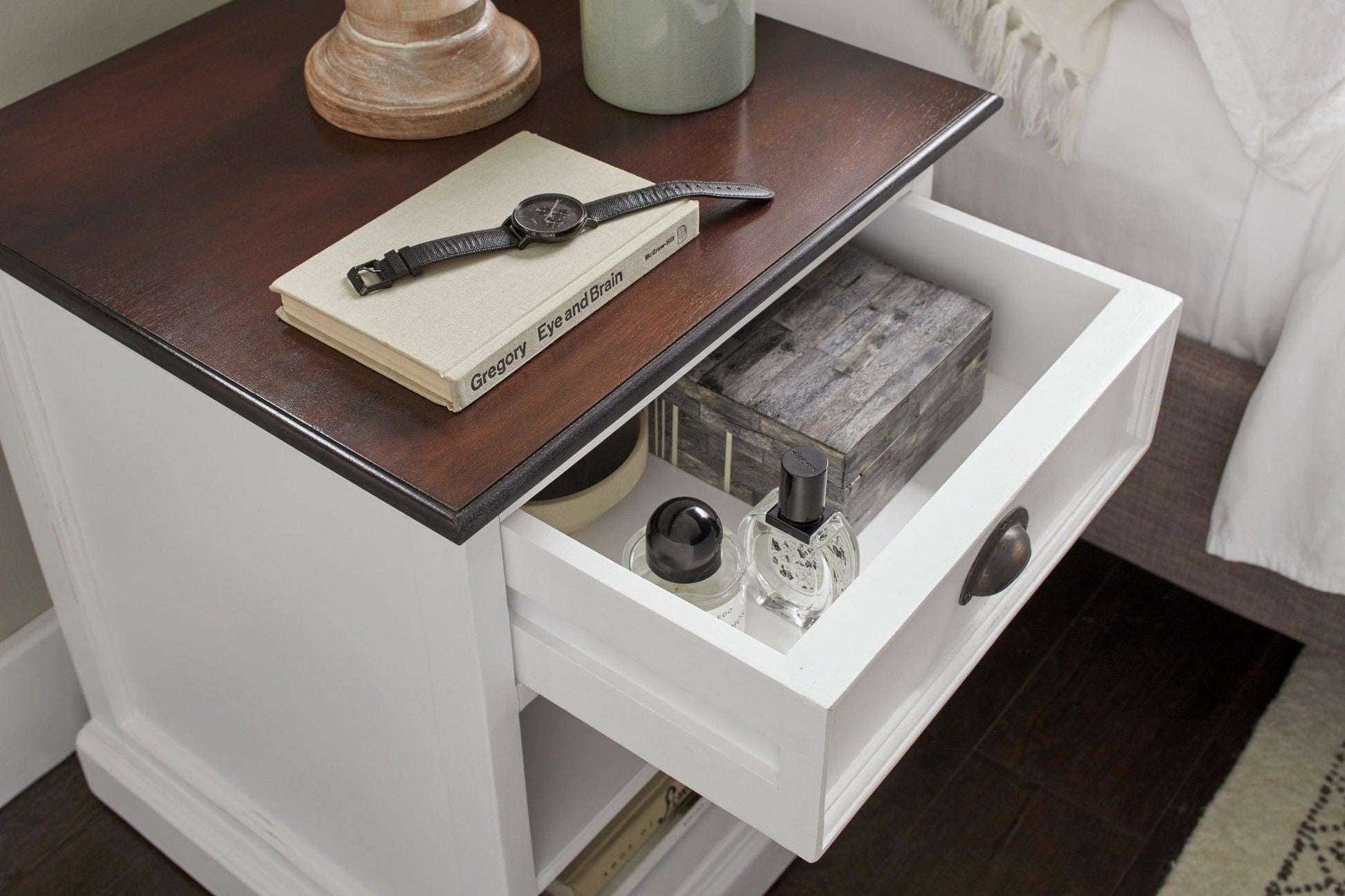 Distressed White and Deep Brown Nightstand With Shelves - AFS