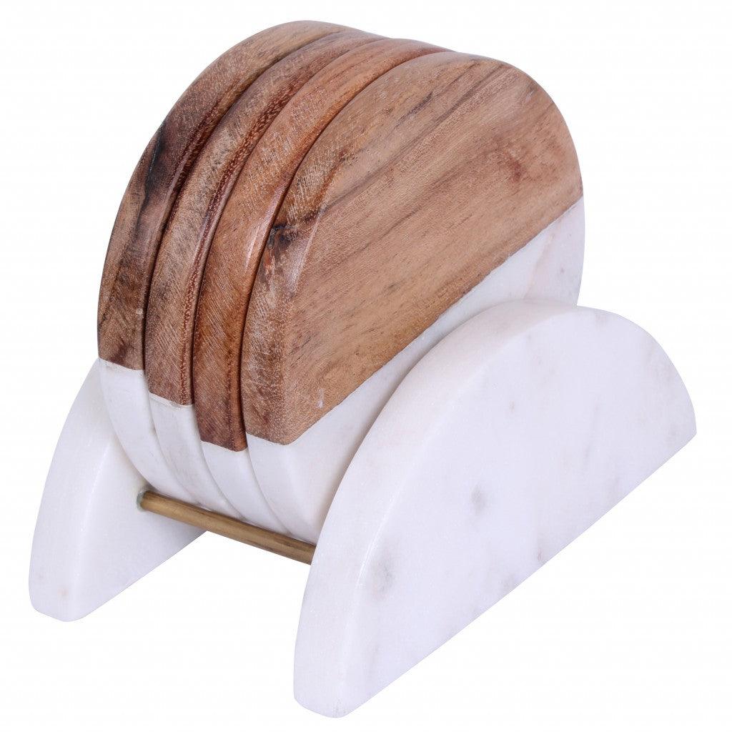 Set of Four Round Wood and Marble Half and Half Coasters with Stand - AFS