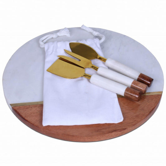 12" Wood and Marble and Gold Cheese Board and Knife Set - AFS