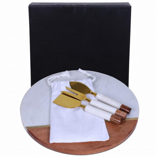 12" Wood and Marble and Gold Cheese Board and Knife Set - AFS