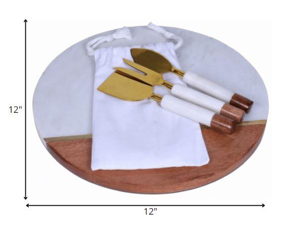 12" Wood and Marble and Gold Cheese Board and Knife Set - AFS