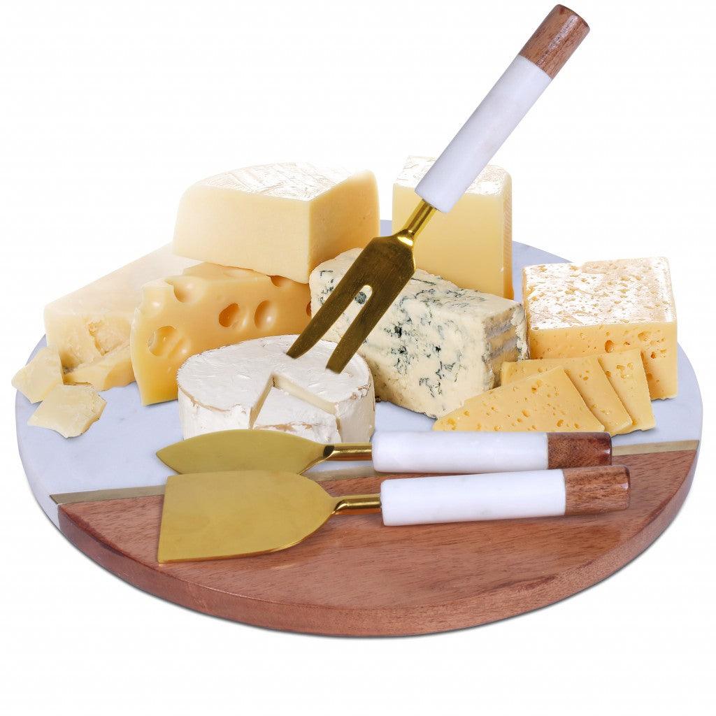 12" Wood and Marble and Gold Cheese Board and Knife Set - AFS