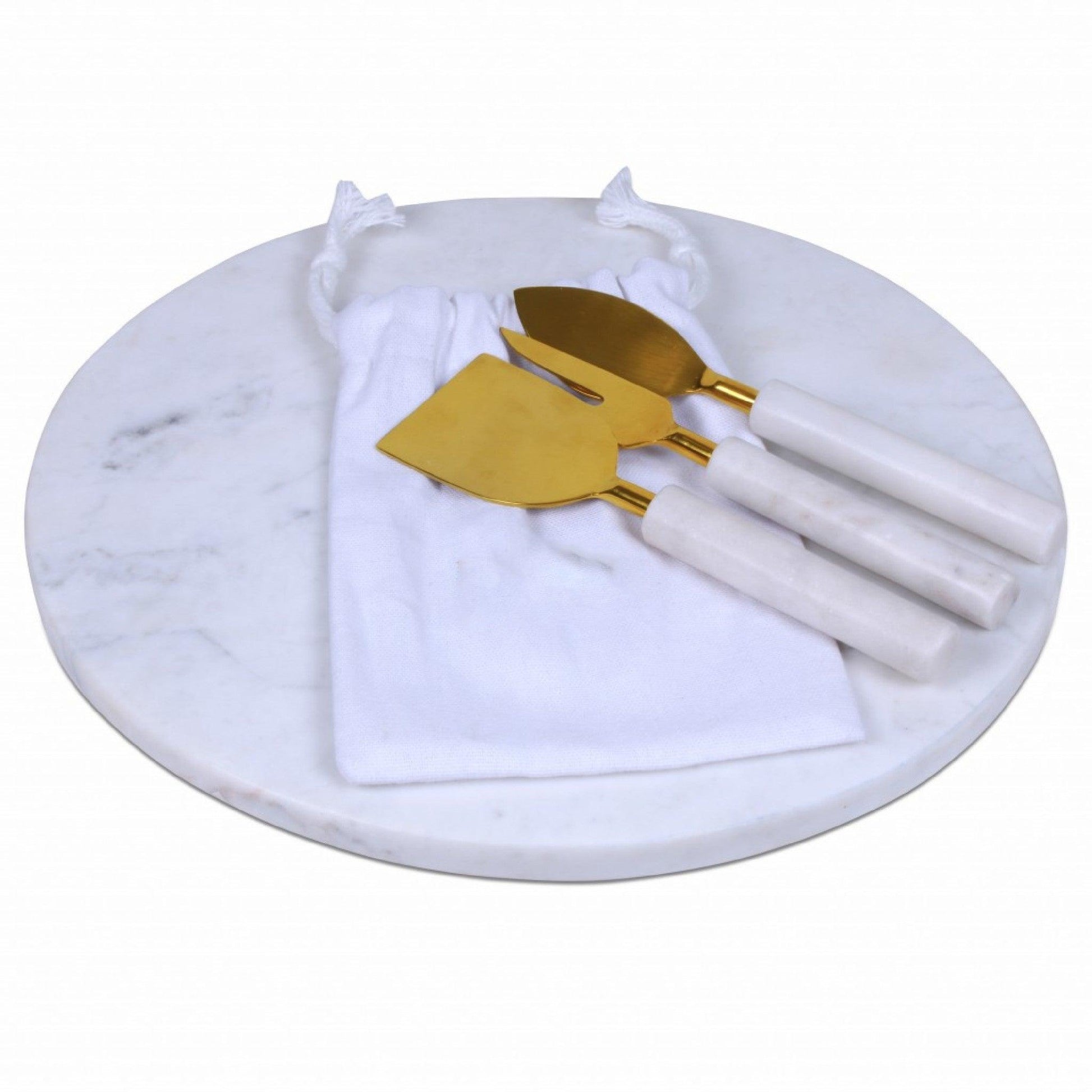 12" Wood and Marble and Gold Cheese Board and Knife Set - AFS