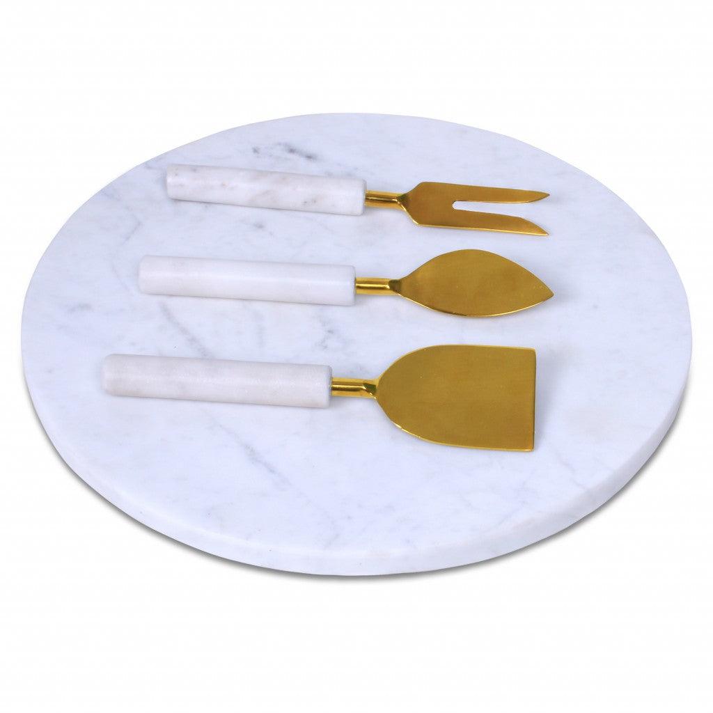 12" Wood and Marble and Gold Cheese Board and Knife Set - AFS