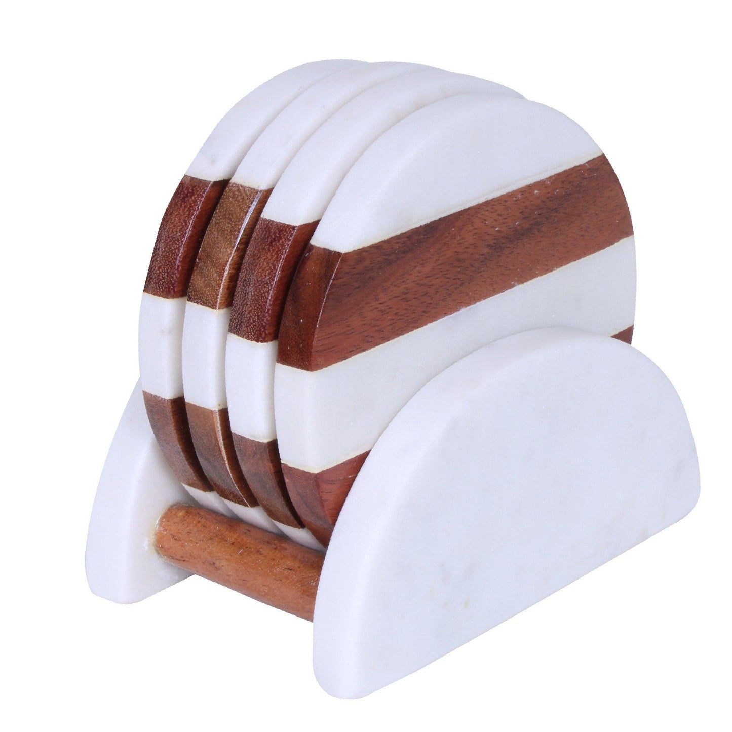 Set of Four Round Wood and Marble Half and Half Coasters with Stand - AFS