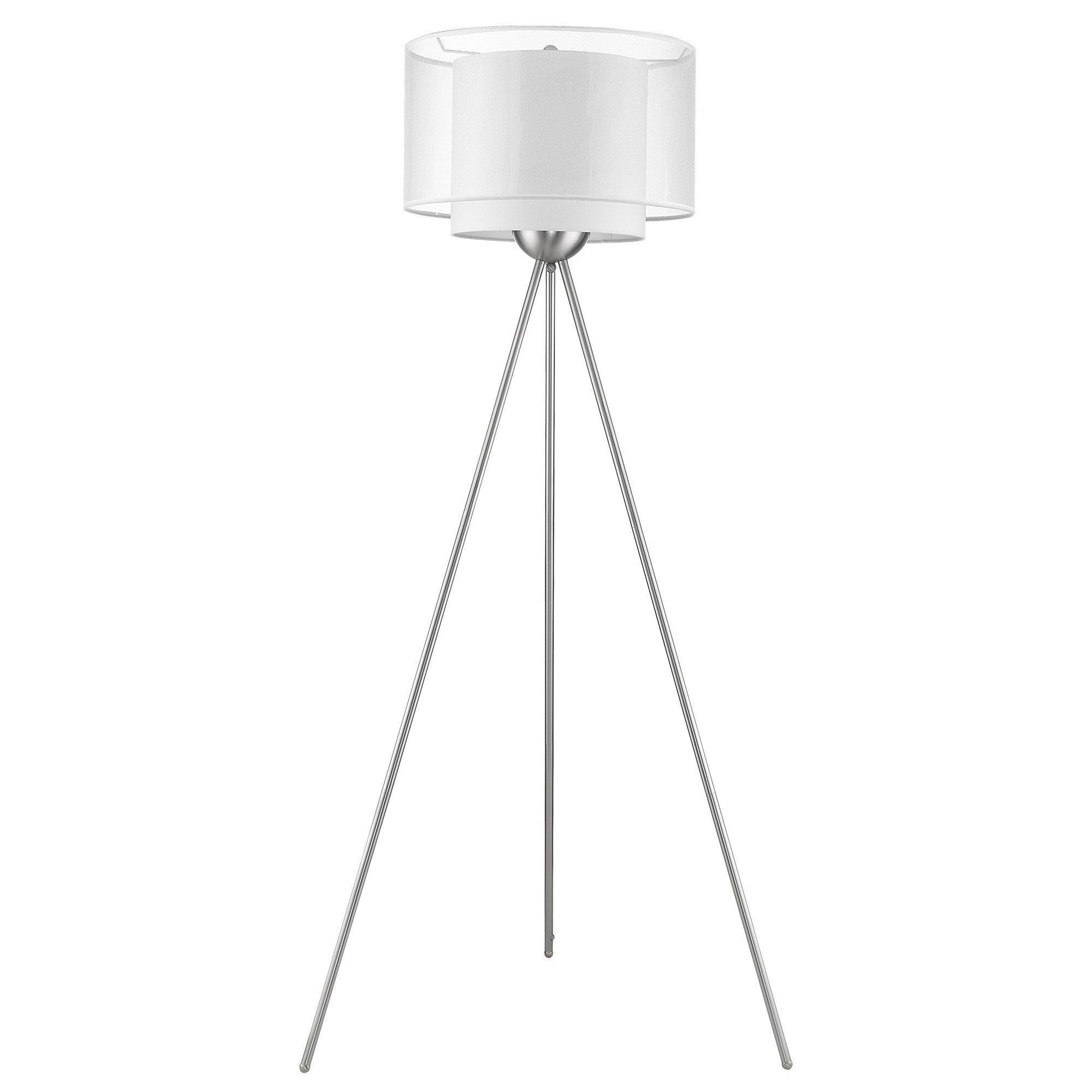 Brella 1-Light Brushed Nickel Tripod Floor Lamp With Sheer Snow Shantung Two Tier Shade - AFS