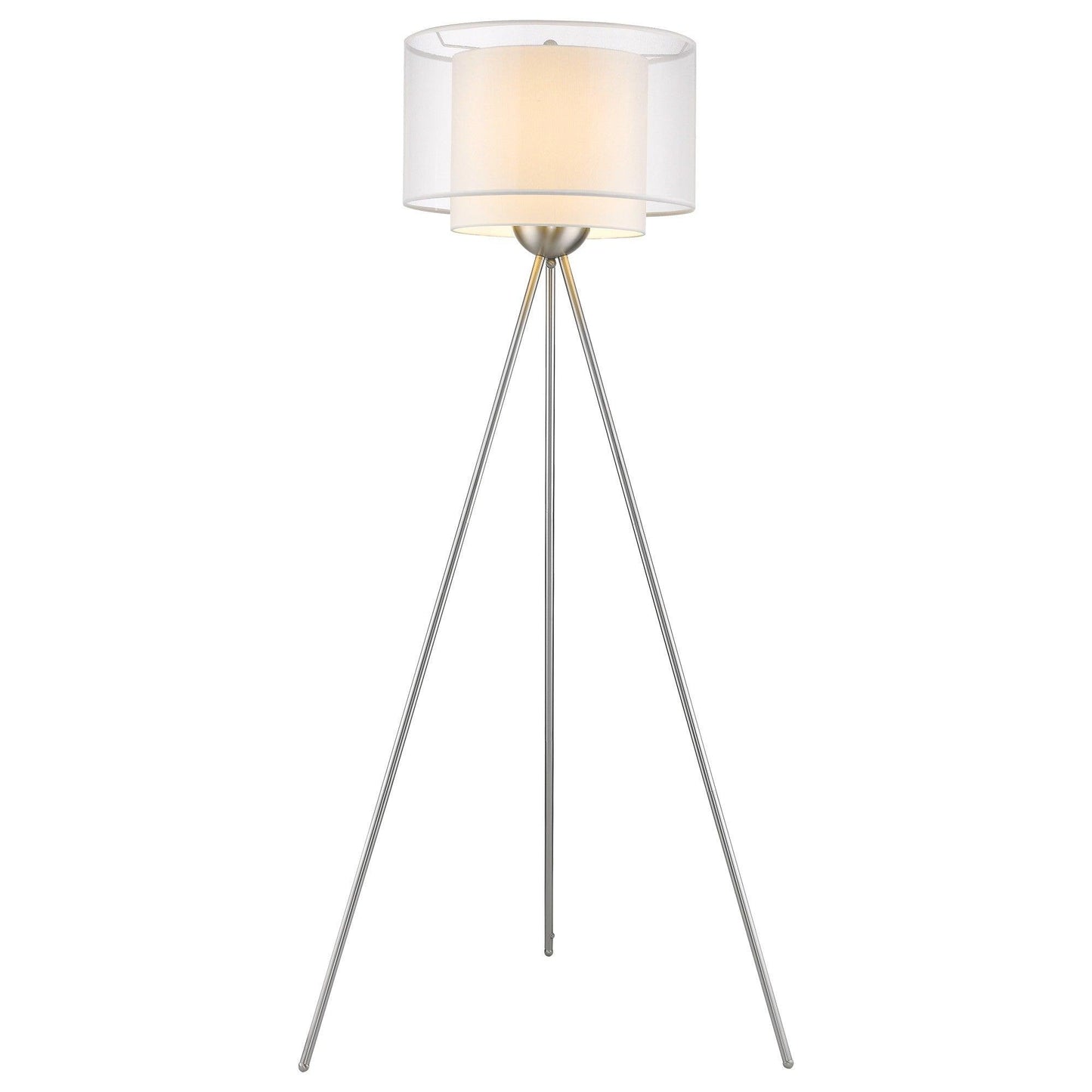 Brella 1-Light Brushed Nickel Tripod Floor Lamp With Sheer Snow Shantung Two Tier Shade - AFS