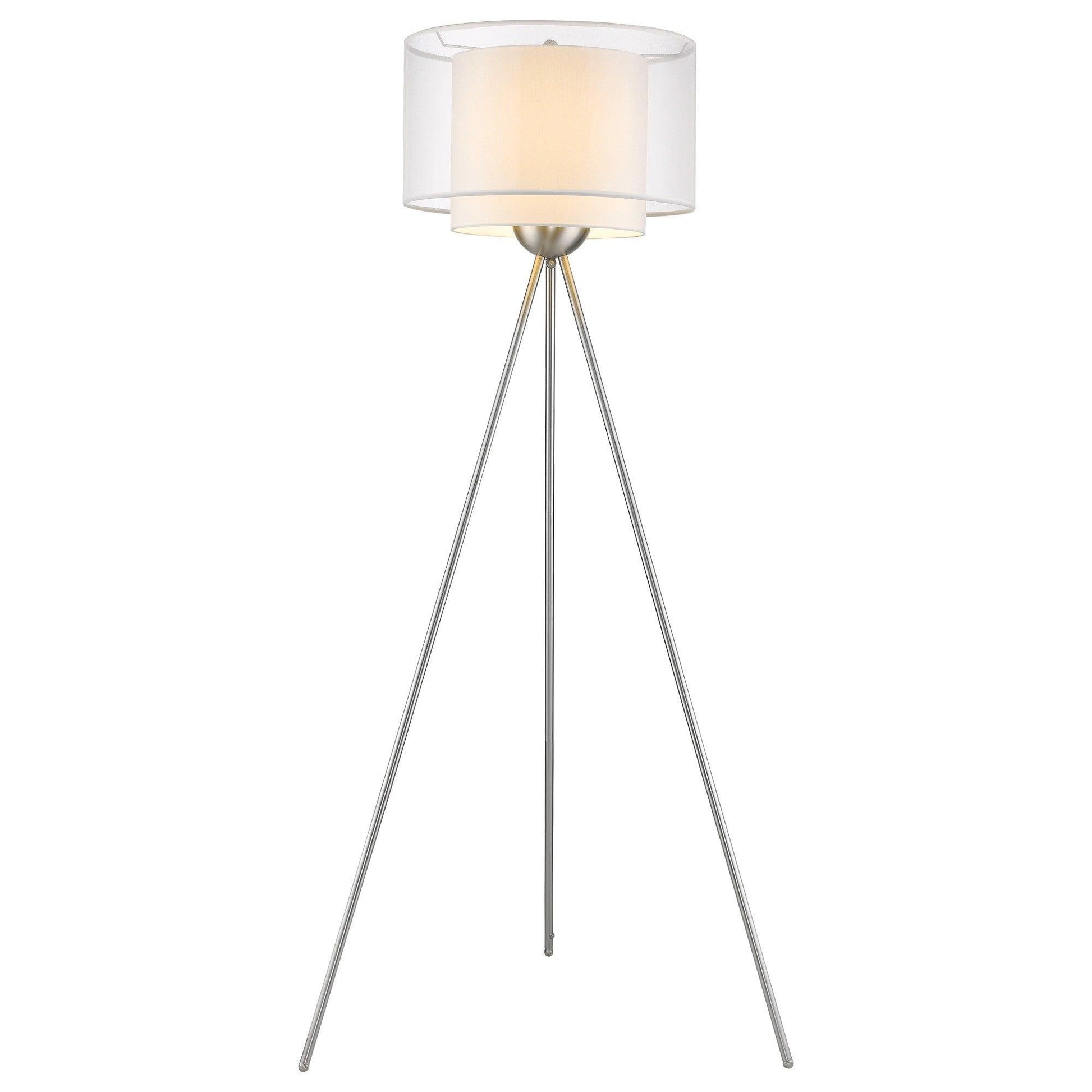 Brella 1-Light Brushed Nickel Tripod Floor Lamp With Sheer Snow Shantung Two Tier Shade - AFS