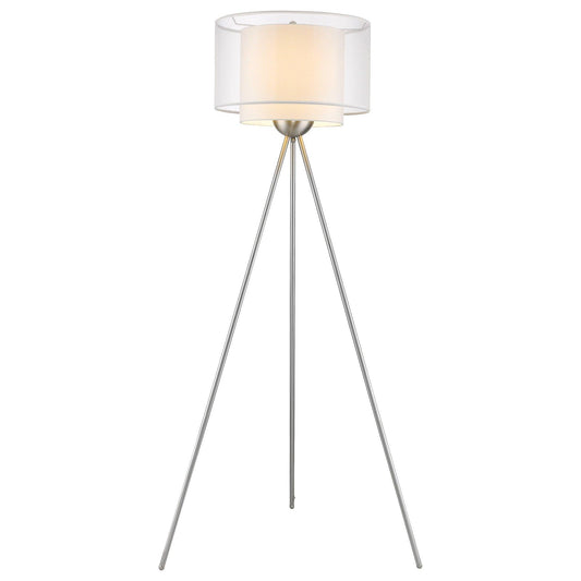 Brella 1-Light Brushed Nickel Tripod Floor Lamp With Sheer Snow Shantung Two Tier Shade - AFS