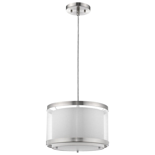 Lux 1-Light Brushed Nickel Pendant With Metal Trimmed Sheer Snow Shantung Two Tier Shade - AFS