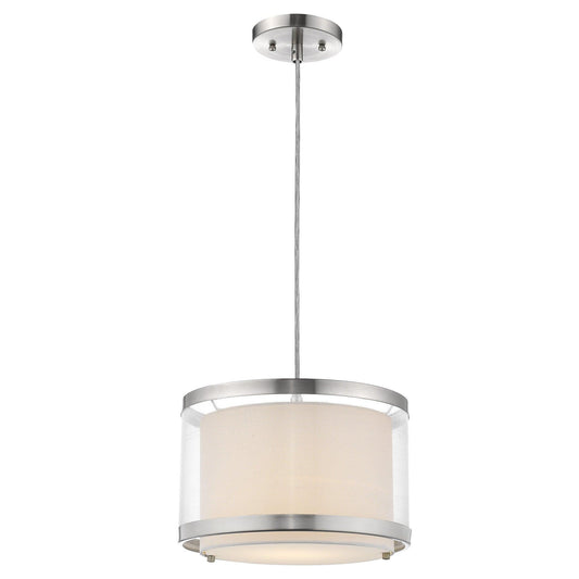 Lux 1-Light Brushed Nickel Pendant With Metal Trimmed Sheer Snow Shantung Two Tier Shade - AFS