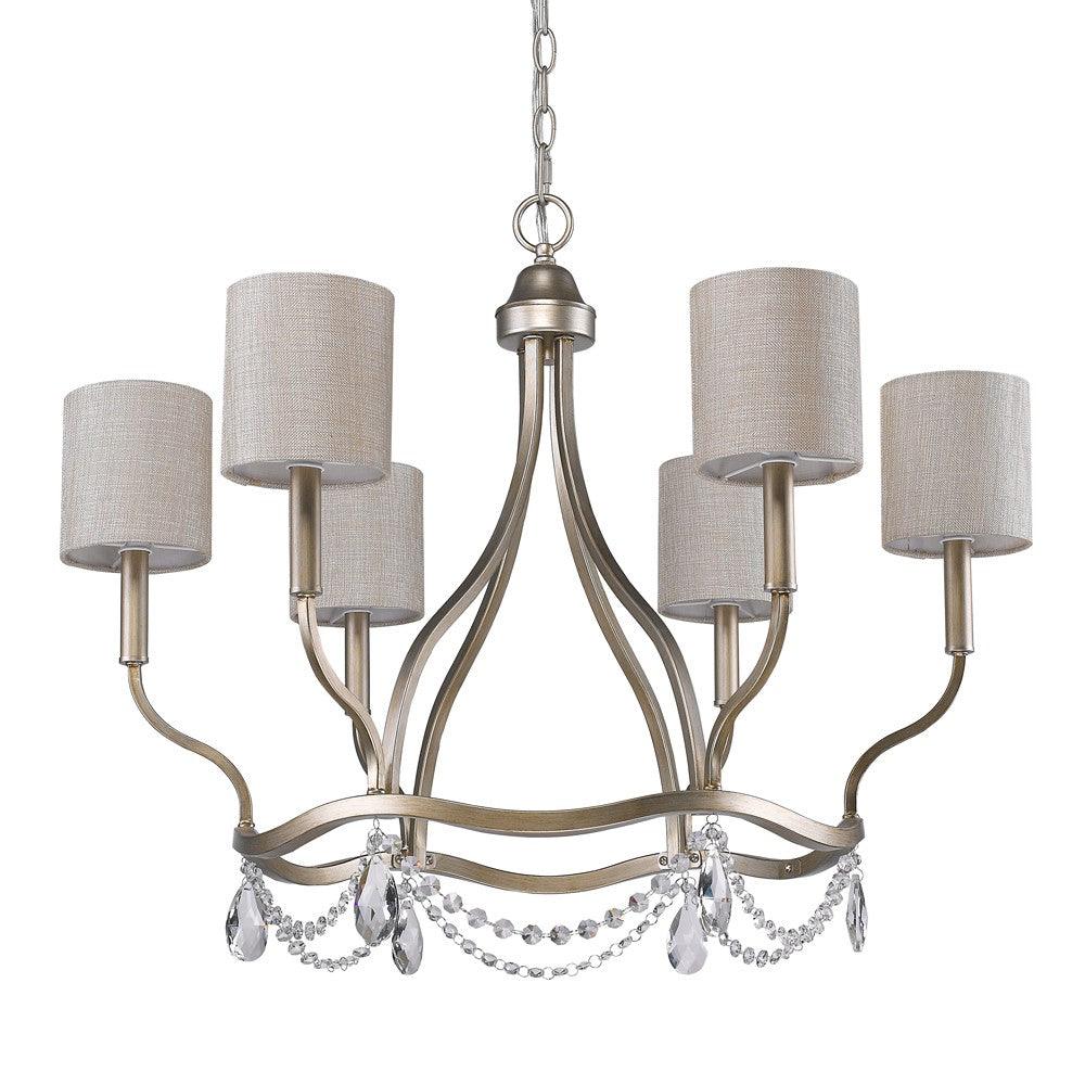 Margaret 6-Light Washed Gold Chandelier With Fabric Shades And Crystal Accents - AFS