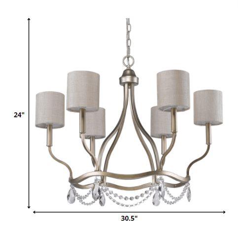 Margaret 6-Light Washed Gold Chandelier With Fabric Shades And Crystal Accents - AFS