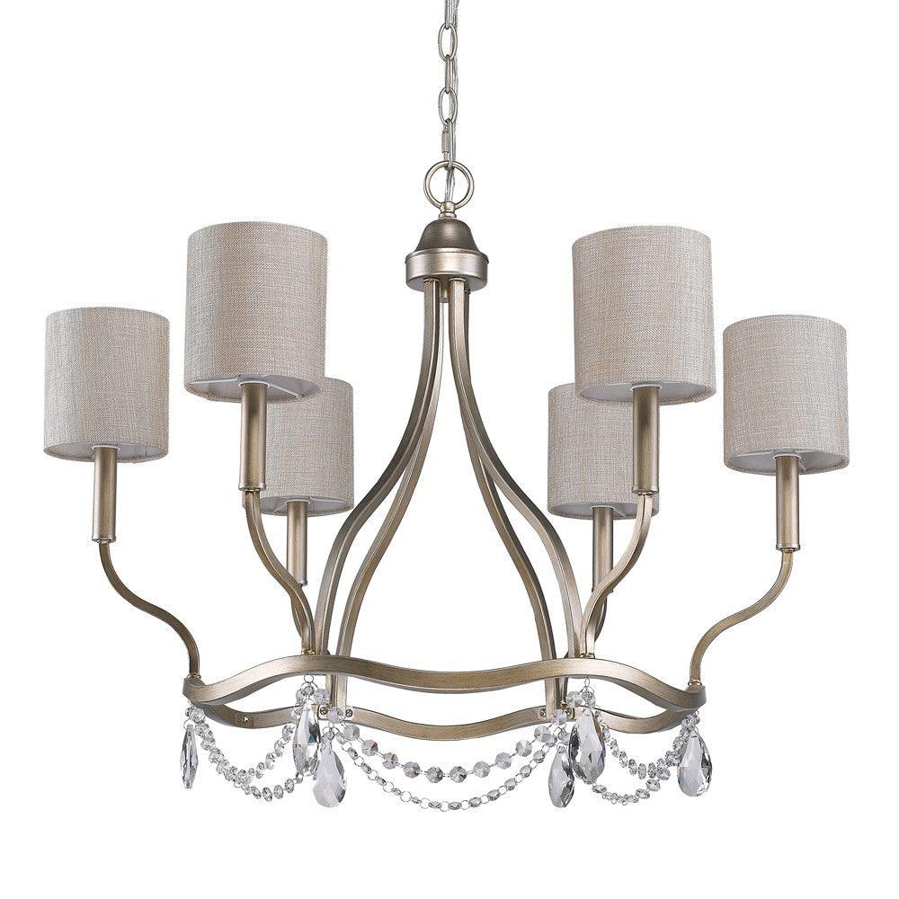 Margaret 6-Light Washed Gold Chandelier With Fabric Shades And Crystal Accents - AFS