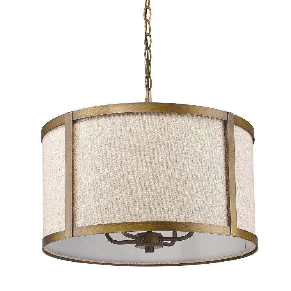 Jessica 4-Light Raw Brass Drum Pendant With Metal Rimmed Fabric Shade - AFS