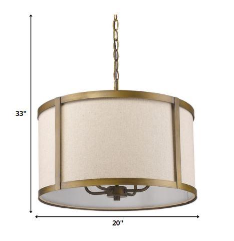 Jessica 4-Light Raw Brass Drum Pendant With Metal Rimmed Fabric Shade - AFS