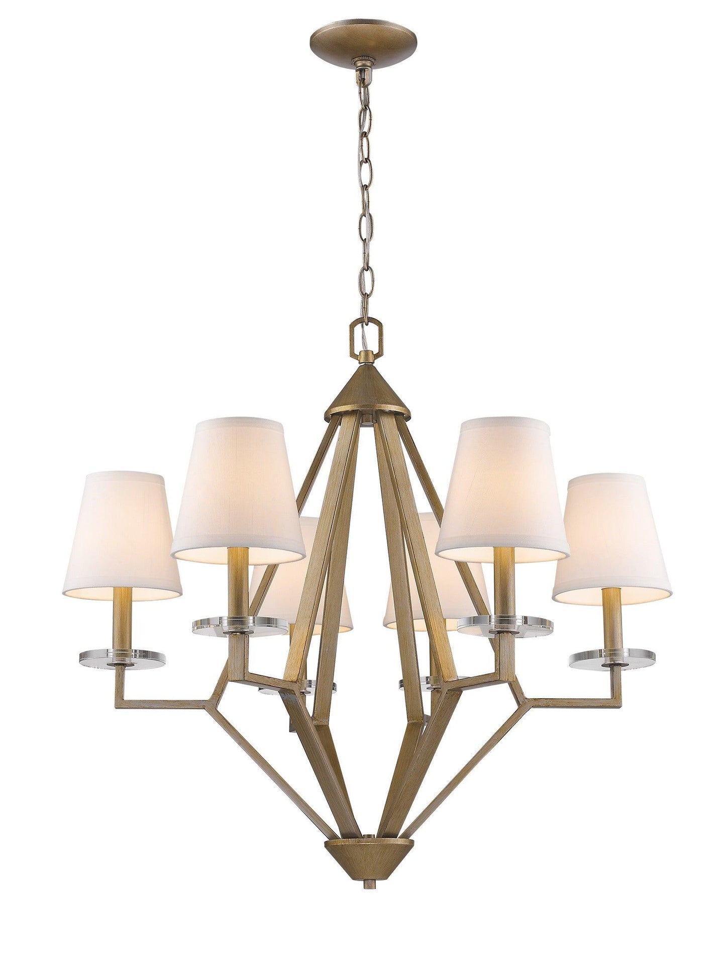 Easton 6-Light Washed Gold Chandelier With Crystal Bobeches And White Fabric Shades - AFS