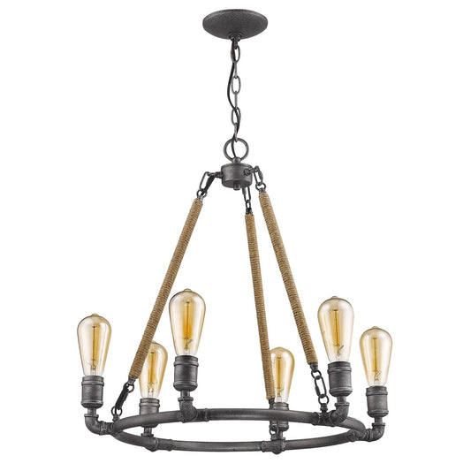 Grayson 6-Light Antique Gray Chandelier With Jute Wrapped Uprights - AFS