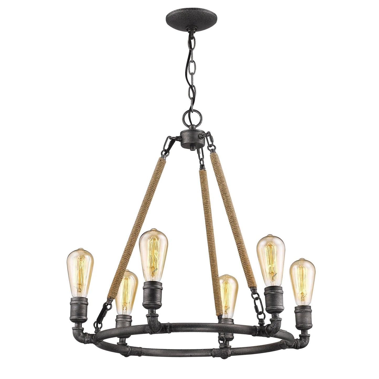 Grayson 6-Light Antique Gray Chandelier With Jute Wrapped Uprights - AFS