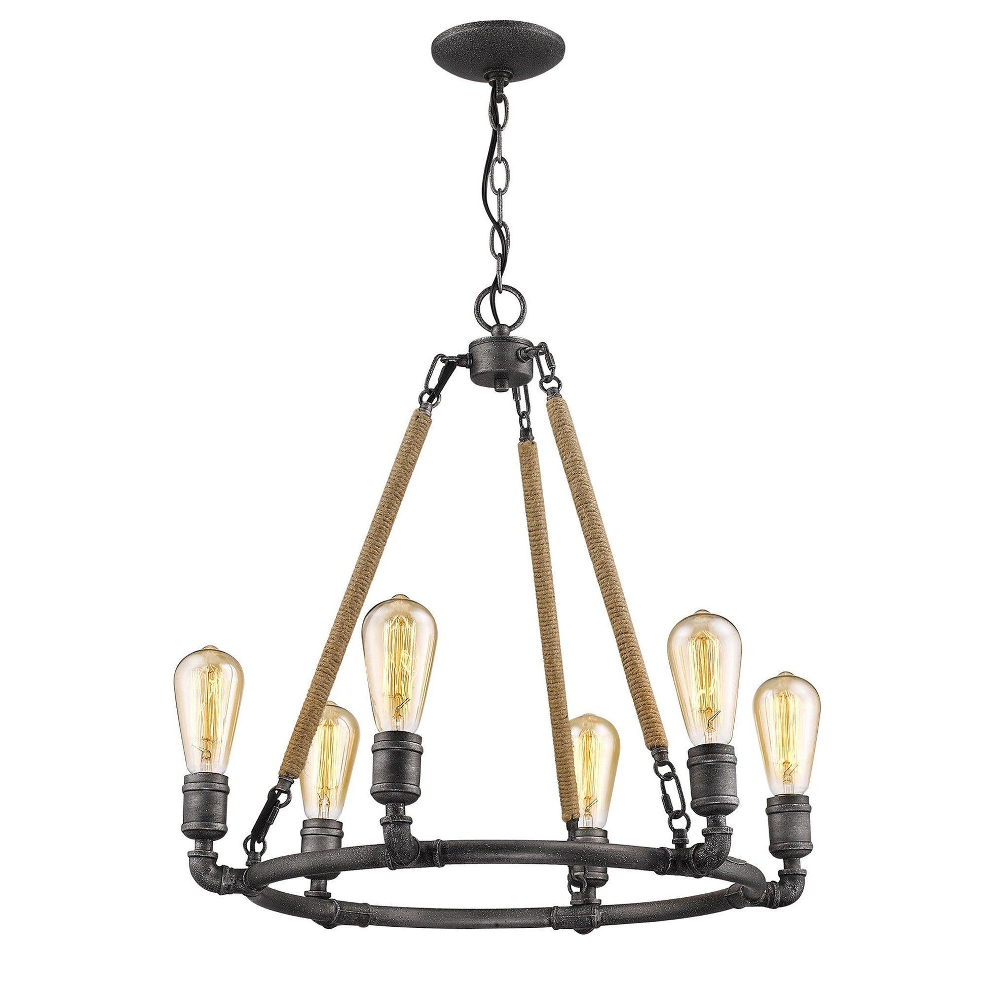 Grayson 6-Light Antique Gray Chandelier With Jute Wrapped Uprights - AFS