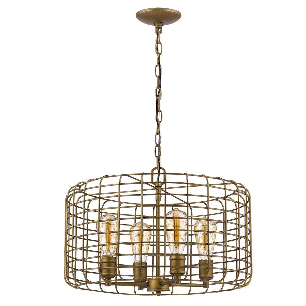 Lynden 4-Light Raw Brass Drum Pendant With Wire Cage Shade - AFS