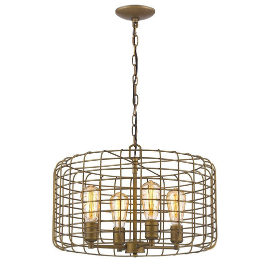 Lynden 4-Light Raw Brass Drum Pendant With Wire Cage Shade - AFS