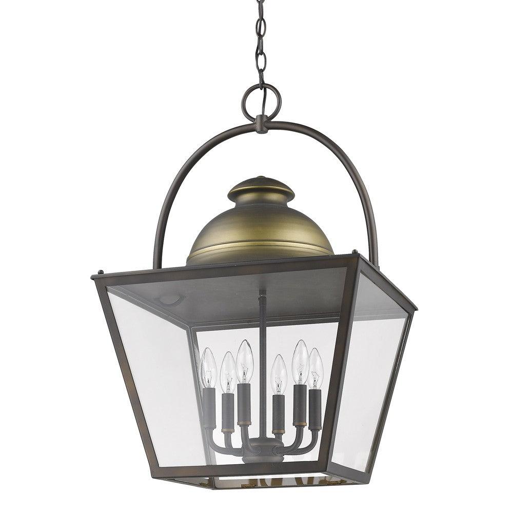 Savannah 6-Light Oil-Rubbed Bronze Foyer Pendant With Raw Brass Accents And Clear Glass Panes - AFS