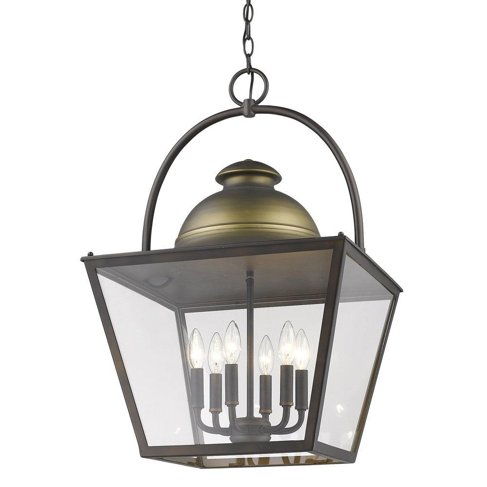 Savannah 6-Light Oil-Rubbed Bronze Foyer Pendant With Raw Brass Accents And Clear Glass Panes - AFS