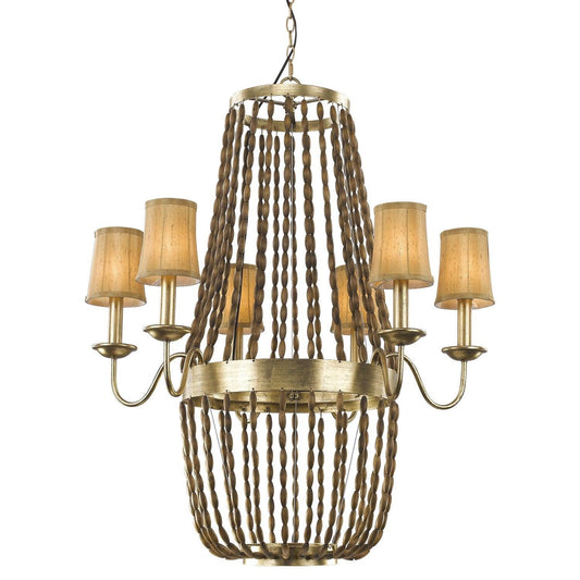 Anastasia 12-Light Antique Gold Leaf Chandelier With Wooden Beaded Chains And Gold Fabric Shades - AFS