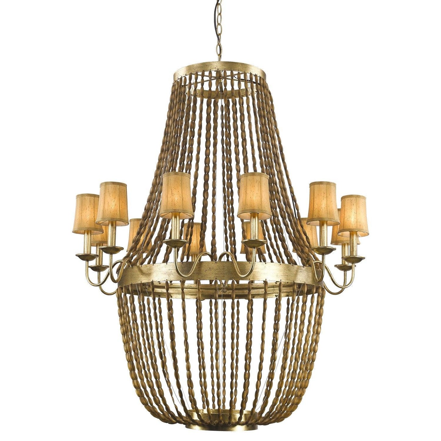 Anastasia 6-Light Antique Gold Leaf Chandelier With Wooden Beaded Chains And Gold Fabric Shades - AFS