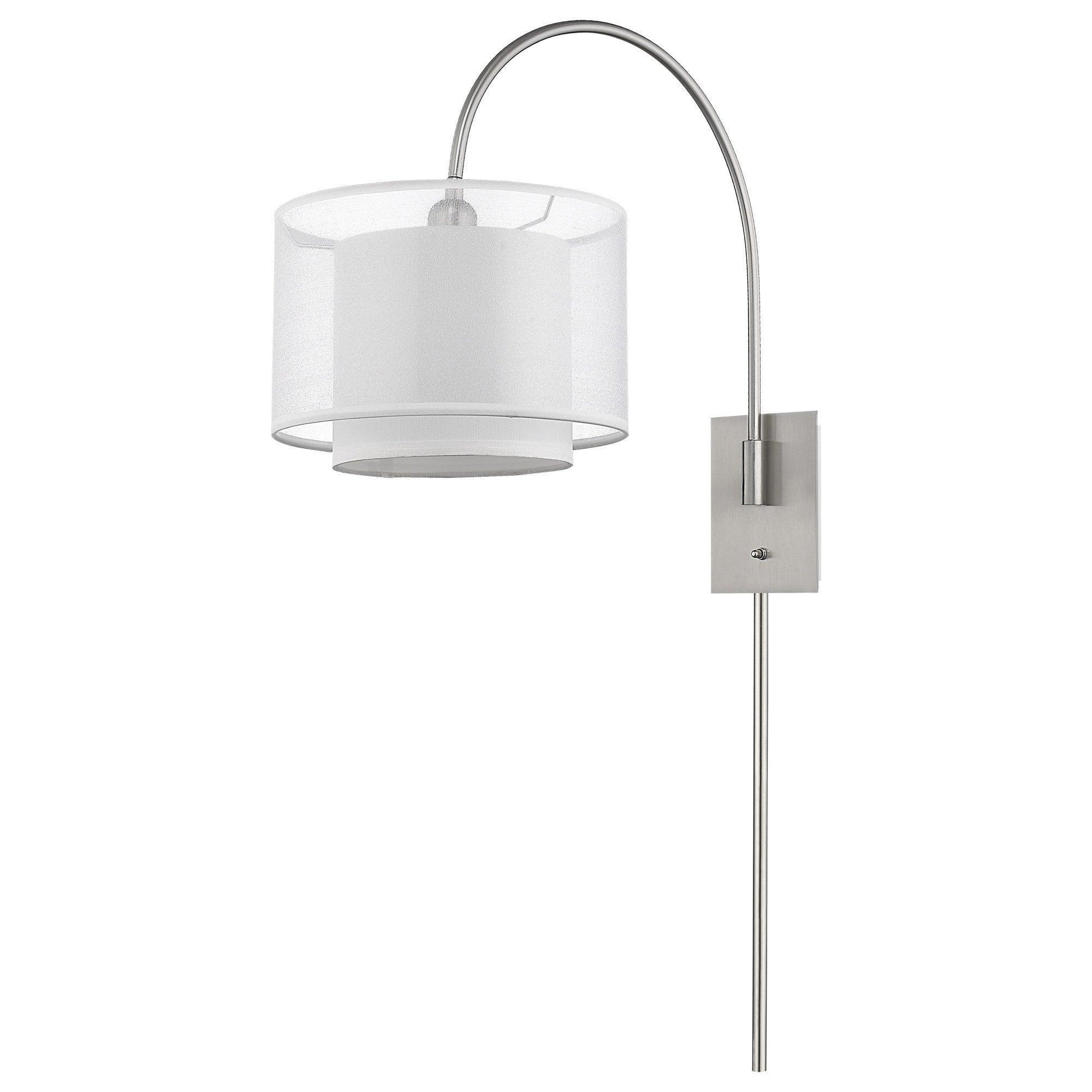 Brella 1-Light Brushed Nickel Swivel Wall Lamp With Sheer Snow Shantung Two Tier Shade - AFS