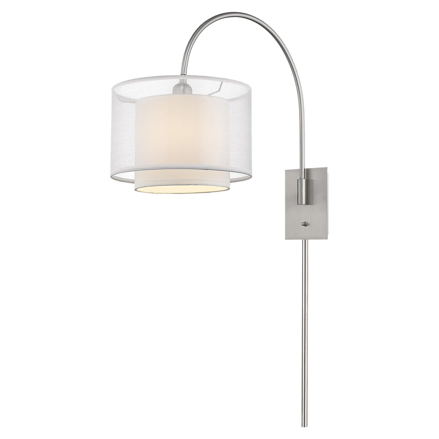 Brella 1-Light Brushed Nickel Swivel Wall Lamp With Sheer Snow Shantung Two Tier Shade - AFS