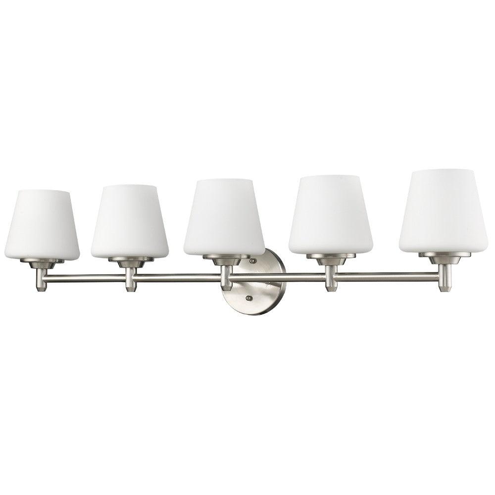 Paige 5-Light Satin Nickel Vanity Light With Frosted Glass Shades - AFS