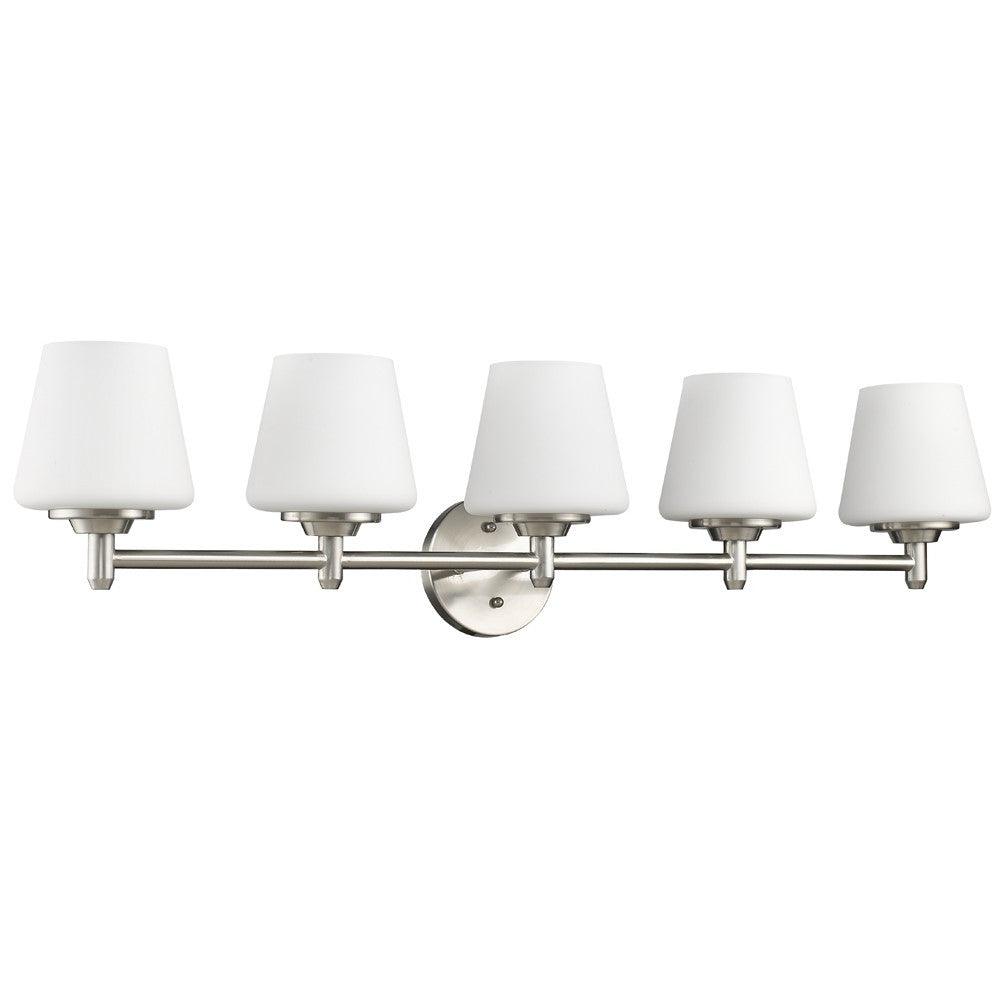 Paige 5-Light Satin Nickel Vanity Light With Frosted Glass Shades - AFS