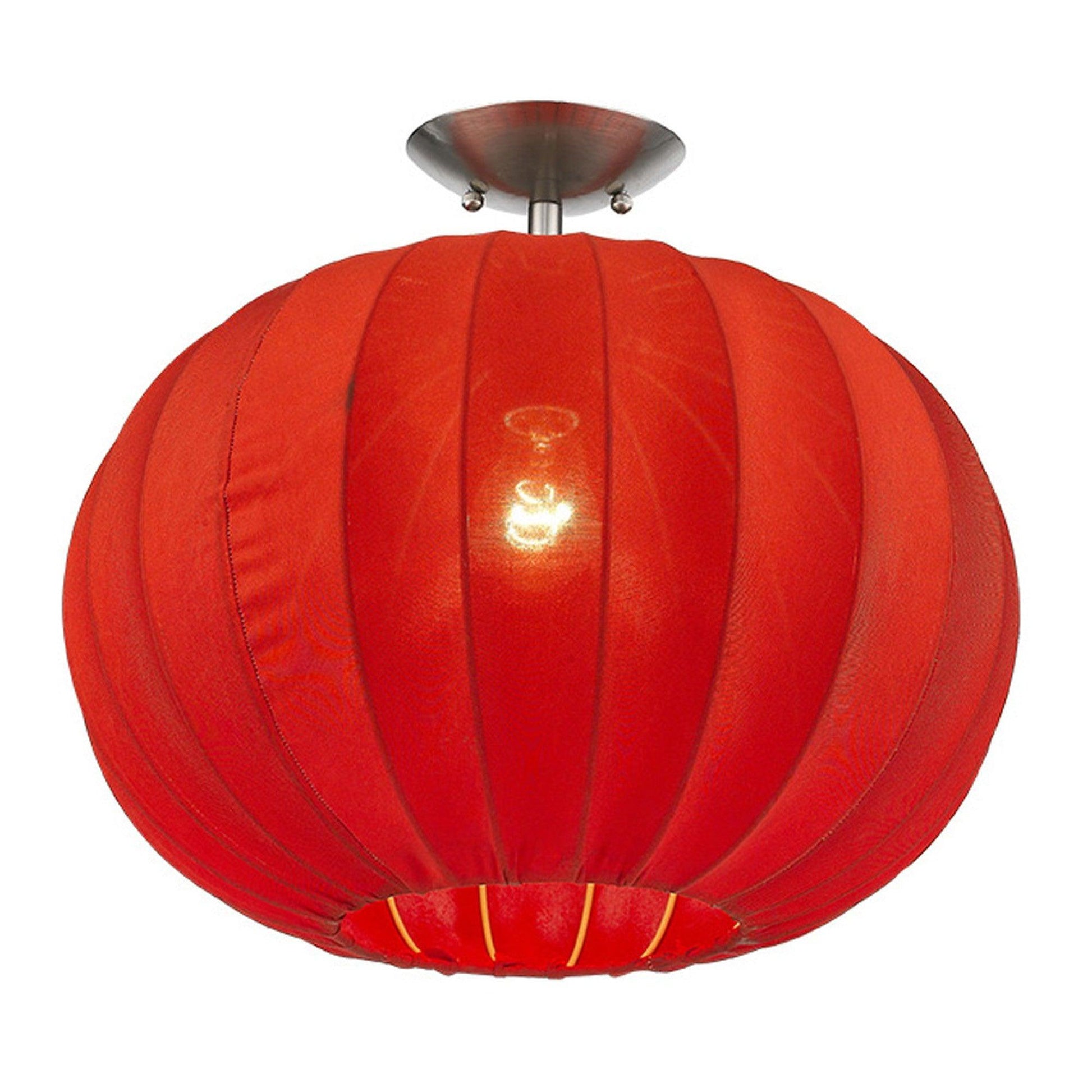 Shanghai 1-Light Brushed Nickel Pendant With Sheer Red Ribbon Shade - AFS