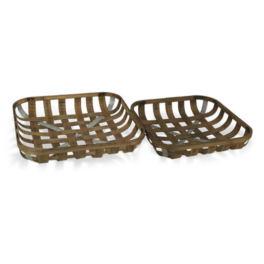 Set of Two Wood and Metal Lattice Weave Baskets - AFS