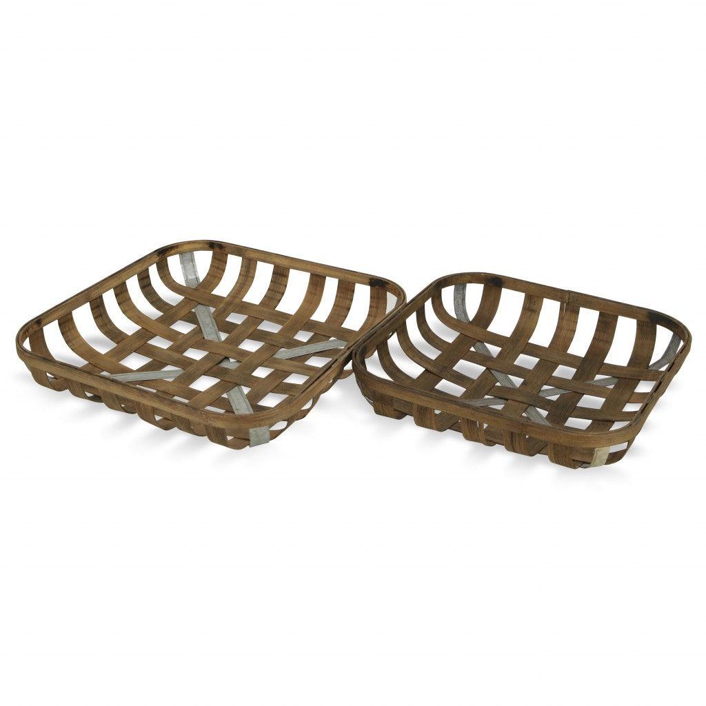 Set of Two Wood and Metal Lattice Weave Baskets - AFS