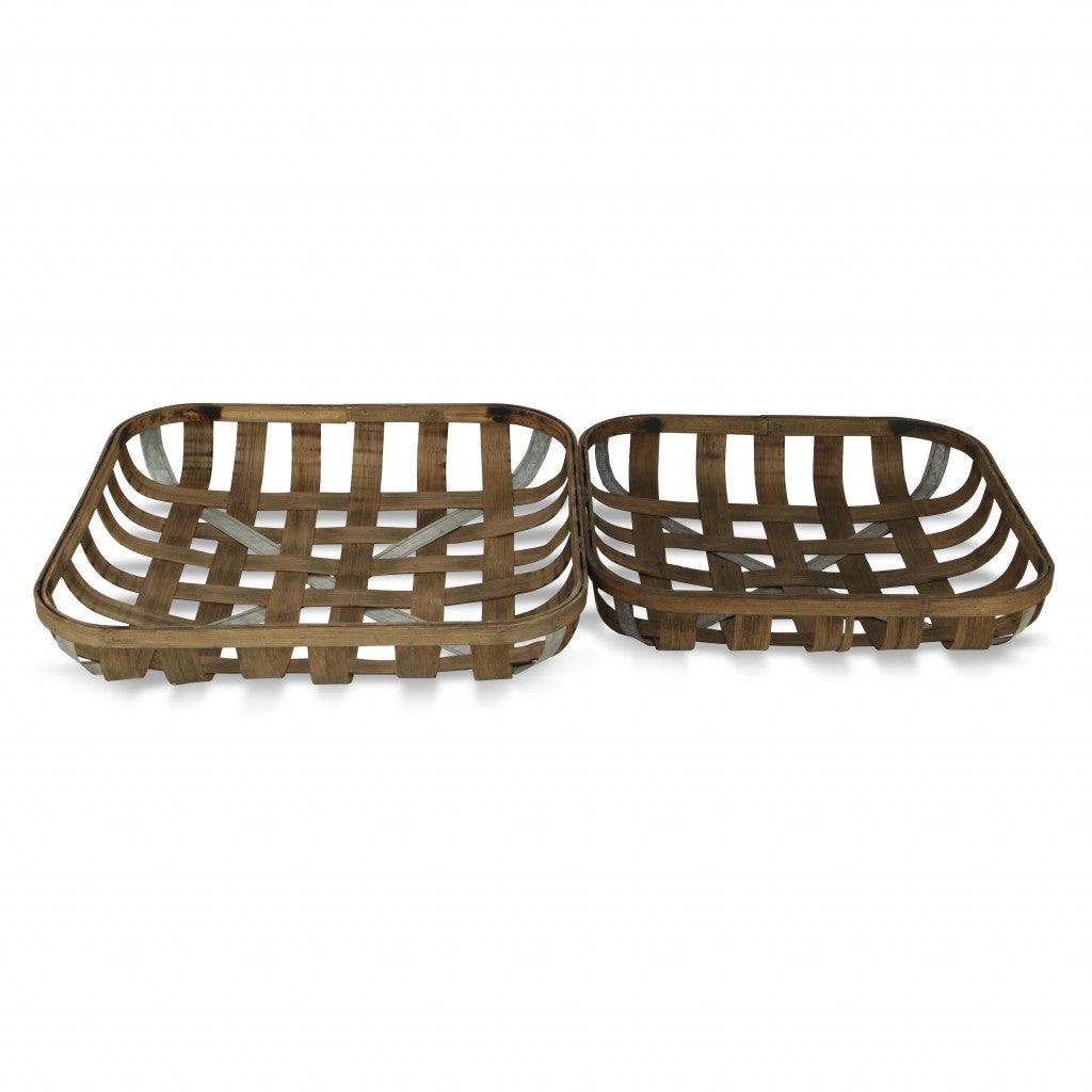 Set of Two Wood and Metal Lattice Weave Baskets - AFS