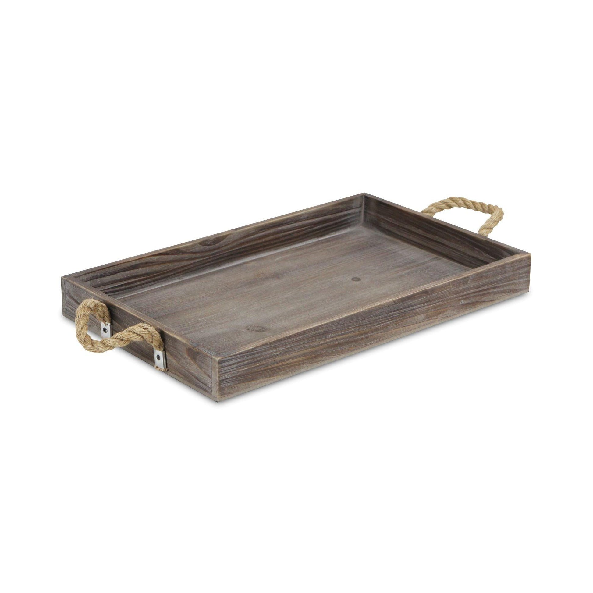 Dark Brown Wooden Tray with Rope Handles - AFS