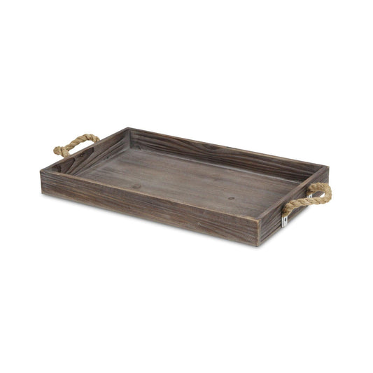 Dark Brown Wooden Tray with Rope Handles - AFS