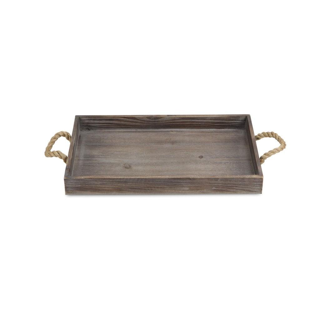 Dark Brown Wooden Tray with Rope Handles - AFS