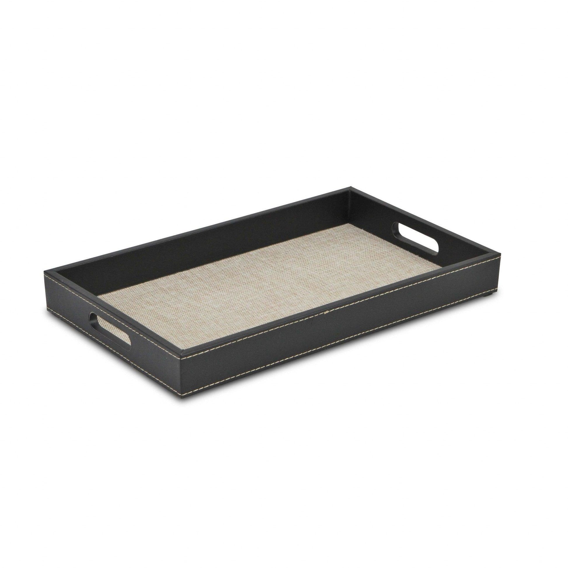 Black and Cream Faux Leather and Linen Serving Tray - AFS