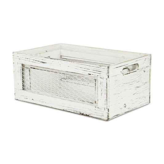 Set of Two Rustic Whitewash Chicken Wire Sides Wooden Crates - AFS