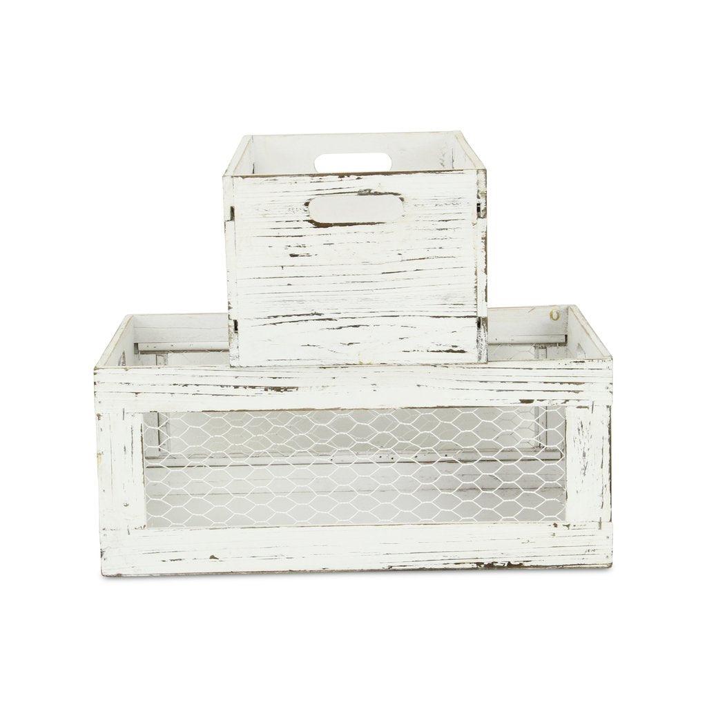 Set of Two Rustic Whitewash Chicken Wire Sides Wooden Crates - AFS