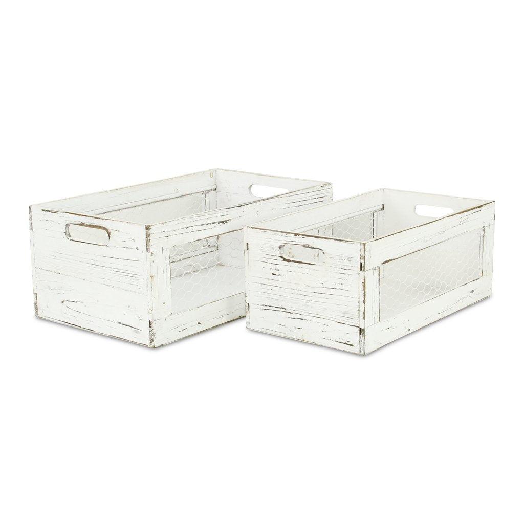 Set of Two Rustic Whitewash Chicken Wire Sides Wooden Crates - AFS