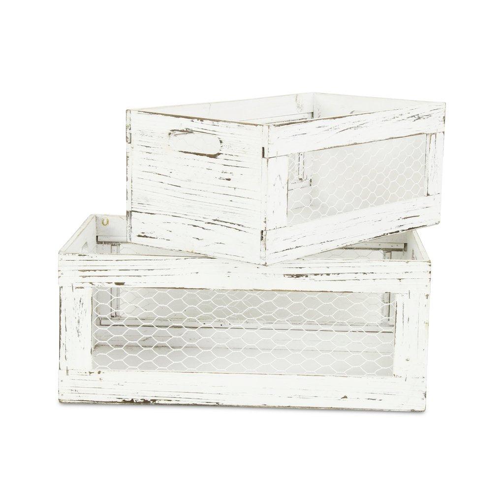 Set of Two Rustic Whitewash Chicken Wire Sides Wooden Crates - AFS