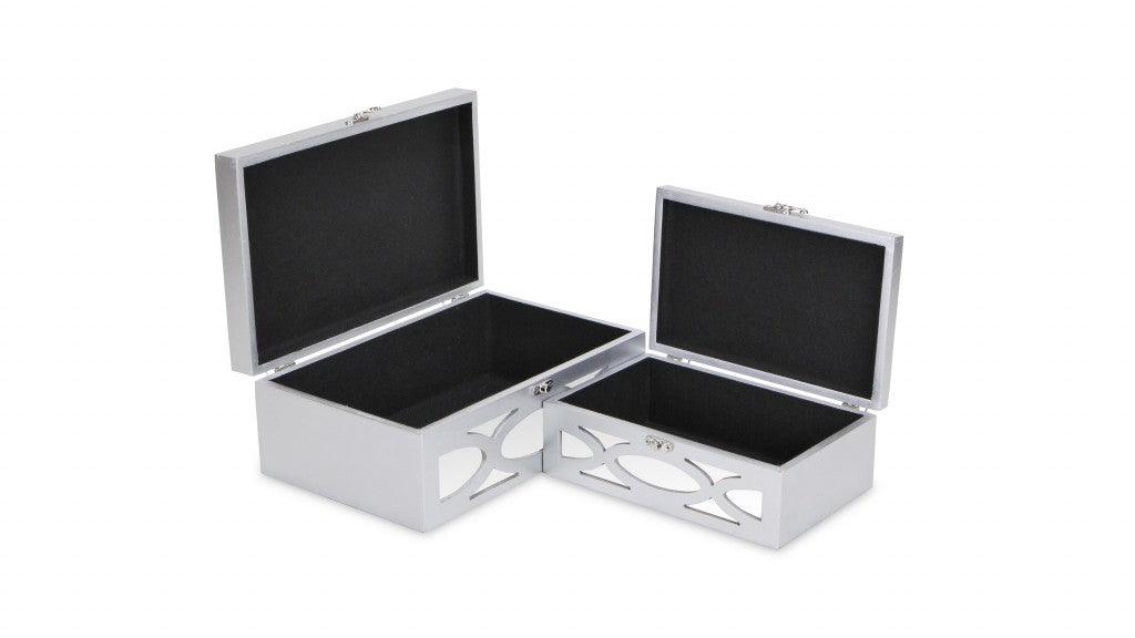 Set of Two Silver Oval Scroll Mirror Jewelry Storage Boxes - AFS