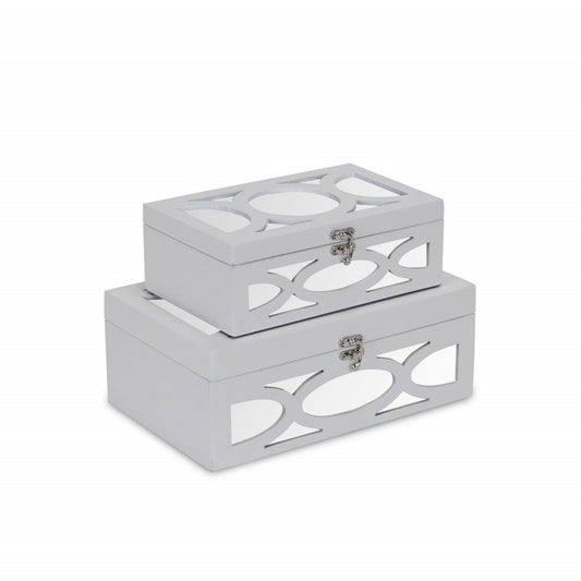 Set of Two White Oval Scroll Mirror Jewelry Storage Boxes - AFS